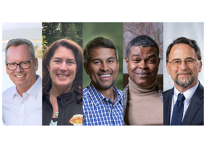 A photo A photo collage of John Ballard, Karen Diemer, Anand Gopal, Rakin "Rock" Hall, and Tory Starr, who were named 2025 Distinguished Alumni.