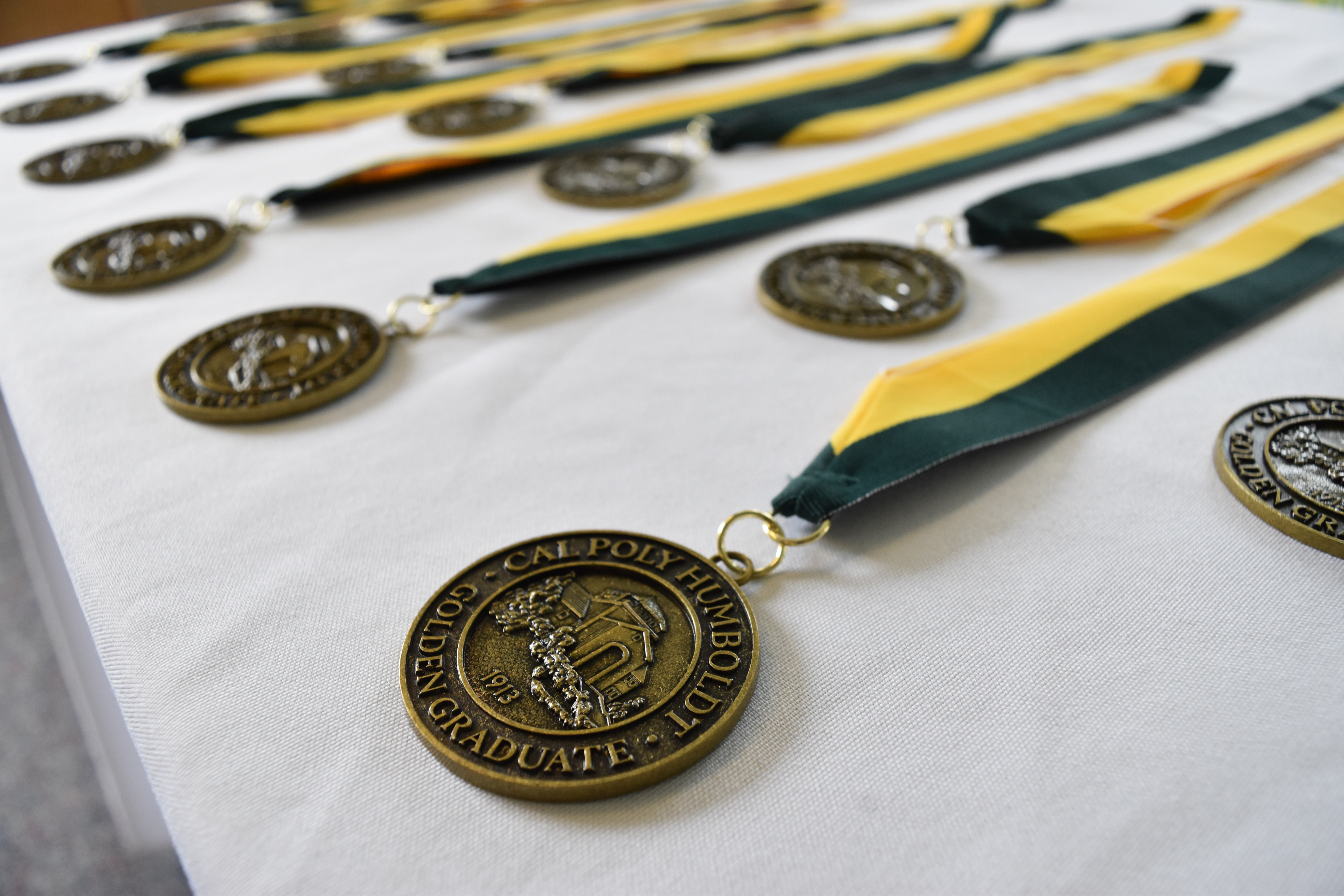 A photo of Golden Grad Medals laid out on a tablr