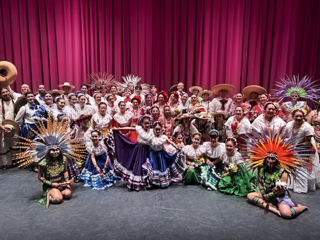 The entire dance group of Ballet Folklorico de Humboldt on the JVD stage.
