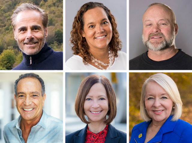 Top row, left to right: Rich Casale (‘75, Natural Resources Management), Heidi Moore-Guynup (‘98, Psychology, ‘00, M.A. Psychology), Drew Petersen (‘91, Physical Education). Bottom row, left to right: Robert Romano (‘95, English, ‘96, M.A. English), Cathy