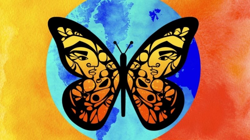 A butterfly with against an orange, yellow and blue background.