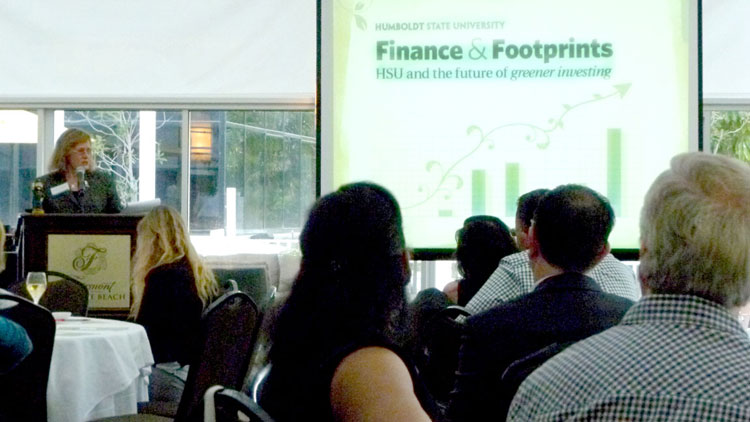 HSU President Lisa Rossbacher delivers a talk in Newport, Calif.