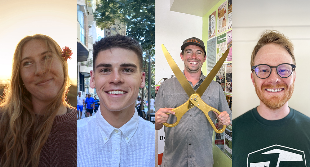 A photo collage of the Fall 2025 Humboldt Alumni Scholarship recipients: Trinity Abercrombie, Zane Stromberg, Jim Thomas, and Sam Walker