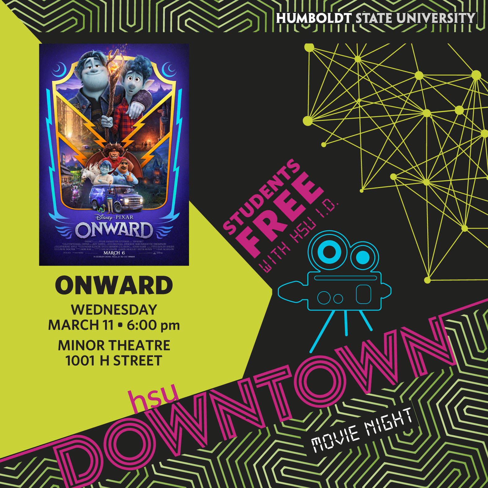 Poster promoting the HSU Downtown Movie Night featuring the movie Onward.