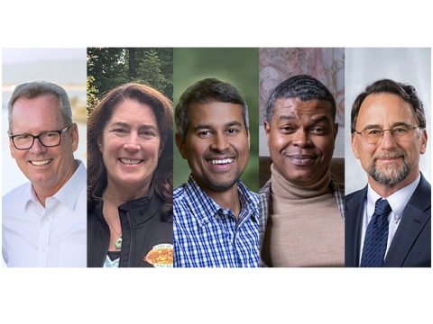 A photo A photo collage of John Ballard, Karen Diemer, Anand Gopal, Rakin "Rock" Hall, and Tory Starr, who were named 2025 Distinguished Alumni.