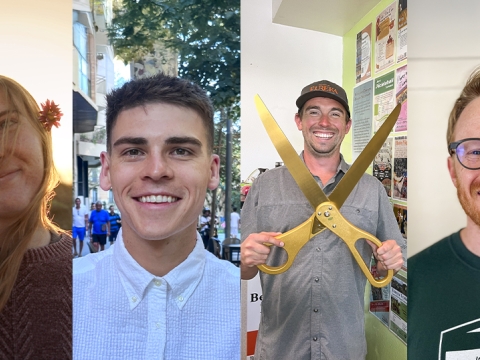 A photo collage of the Fall 2025 Humboldt Alumni Scholarship recipients: Trinity Abercrombie, Zane Stromberg, Jim Thomas, and Sam Walker