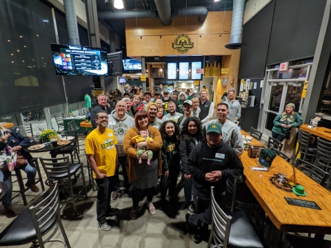 A group photo from the Cal Poly Humboldt Basketball Social in Pomona, CA. 