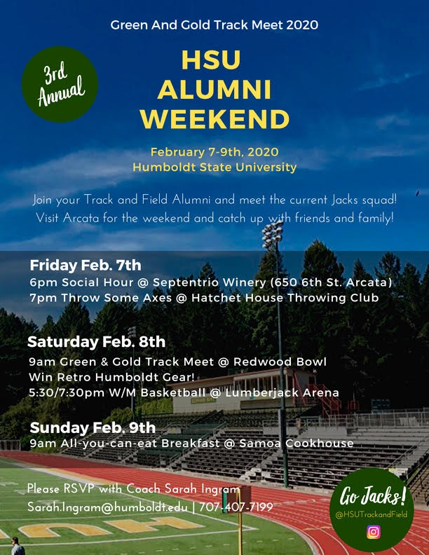 HSU Track & Field Alumni Weekend February 7th through 9th, 2020. RSVP with Coach Sarah Ingram at Sarah.Ingram@humboldt.edu or 707-407-7199