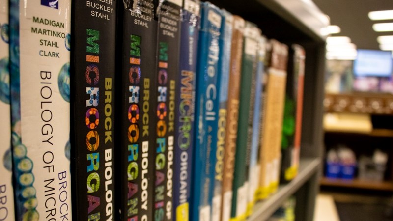 A row of textbooks in the Humboldt library.