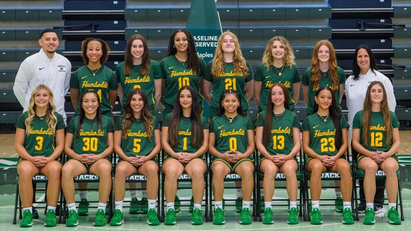 Team photo of the Humboldt women's basketball team on the court.