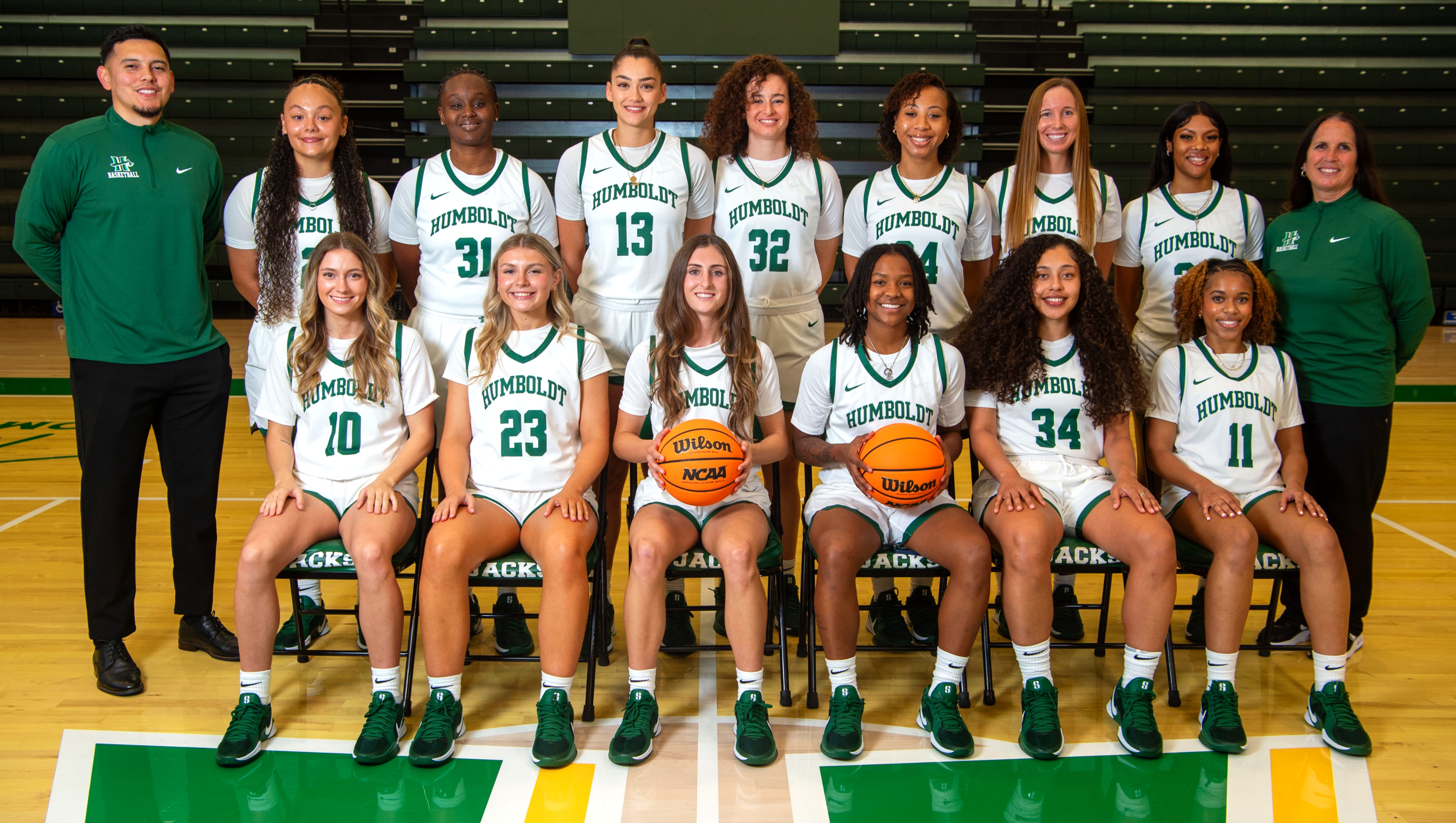 Team photo of 24/25 Cal Poly Humboldt Women's Basketball team in two rows.